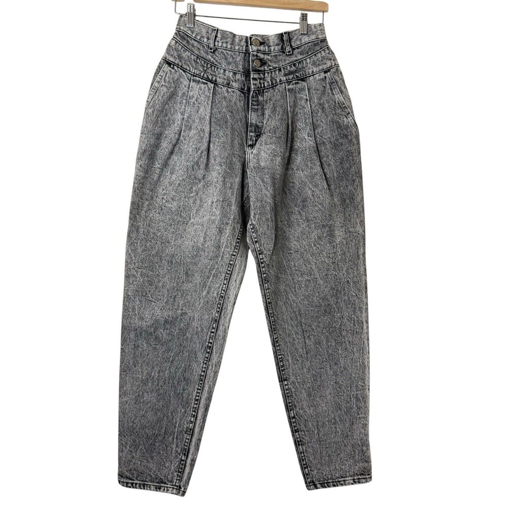 VTG Lee 80s 90s Dark Gray Acid Wash High Rise Pleated Jeans Sz 14 USA Made Yoke